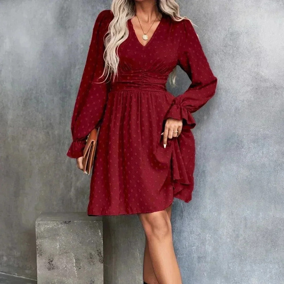 burgundy Boho Women's Swiss Dot Ruched Waist Flounce Sleeve Dress - Picture 6 of 6